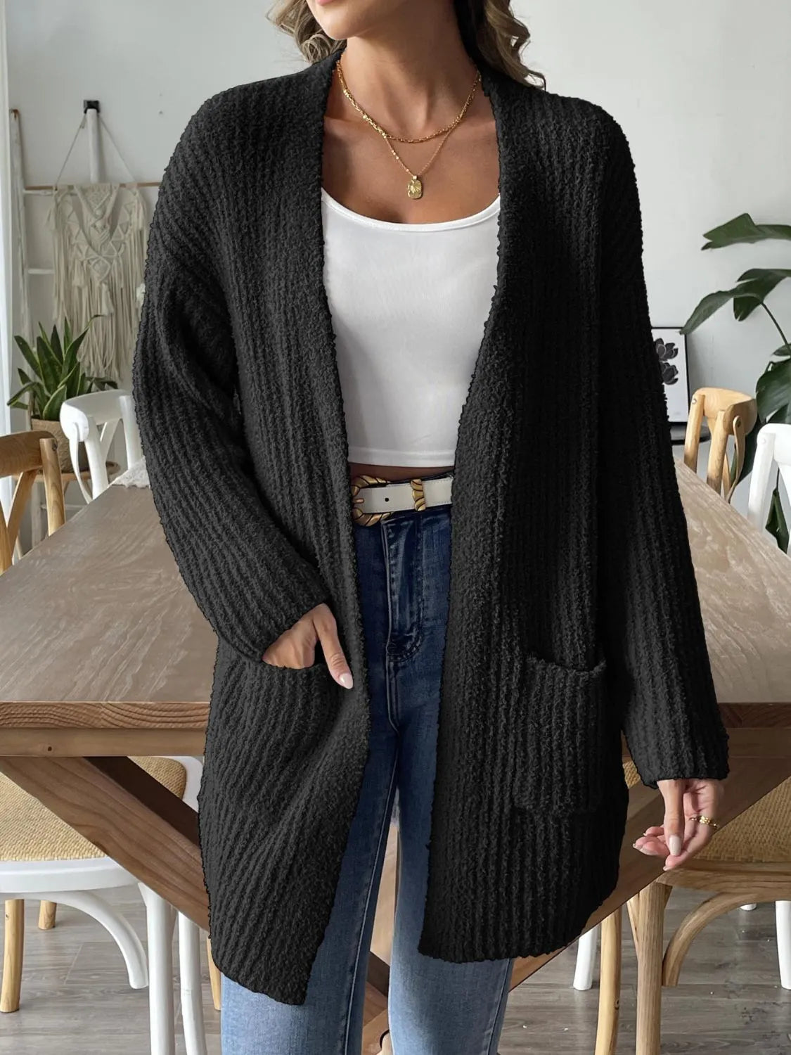 Open Front Long Sleeve Cardigan Black