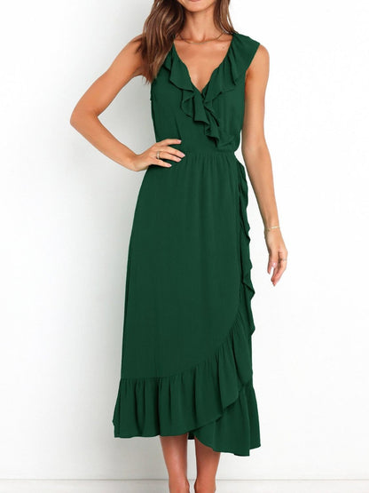 Ruffled Surplice Sleeveless Midi Dress Dark Green