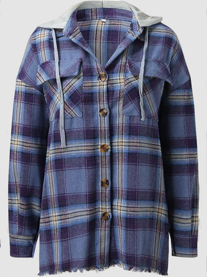 Raw Hem Plaid Long Sleeve Hooded Jacket Dusty Blue