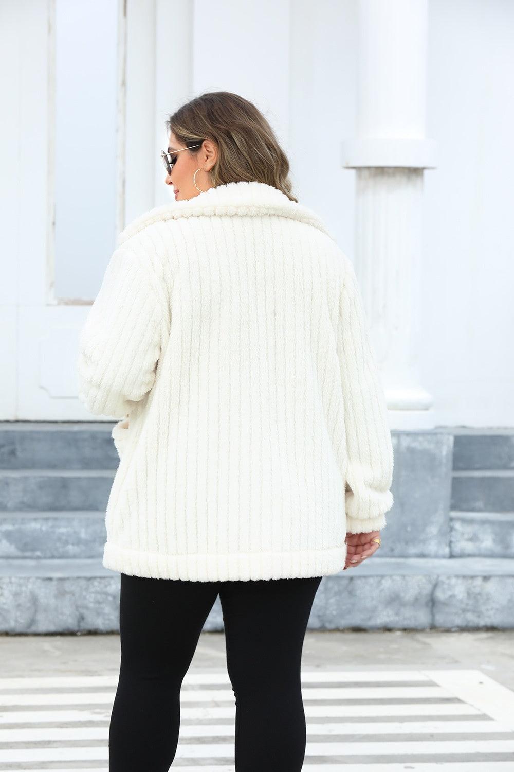 Plus Size Fuzzy Collared Neck Long Sleeve Jacket White