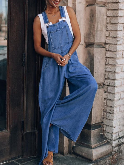 Wide Leg Denim Overalls Medium