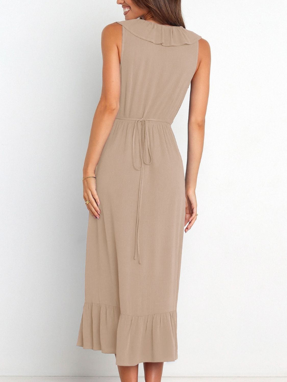 Ruffled Surplice Sleeveless Midi Dress Khaki