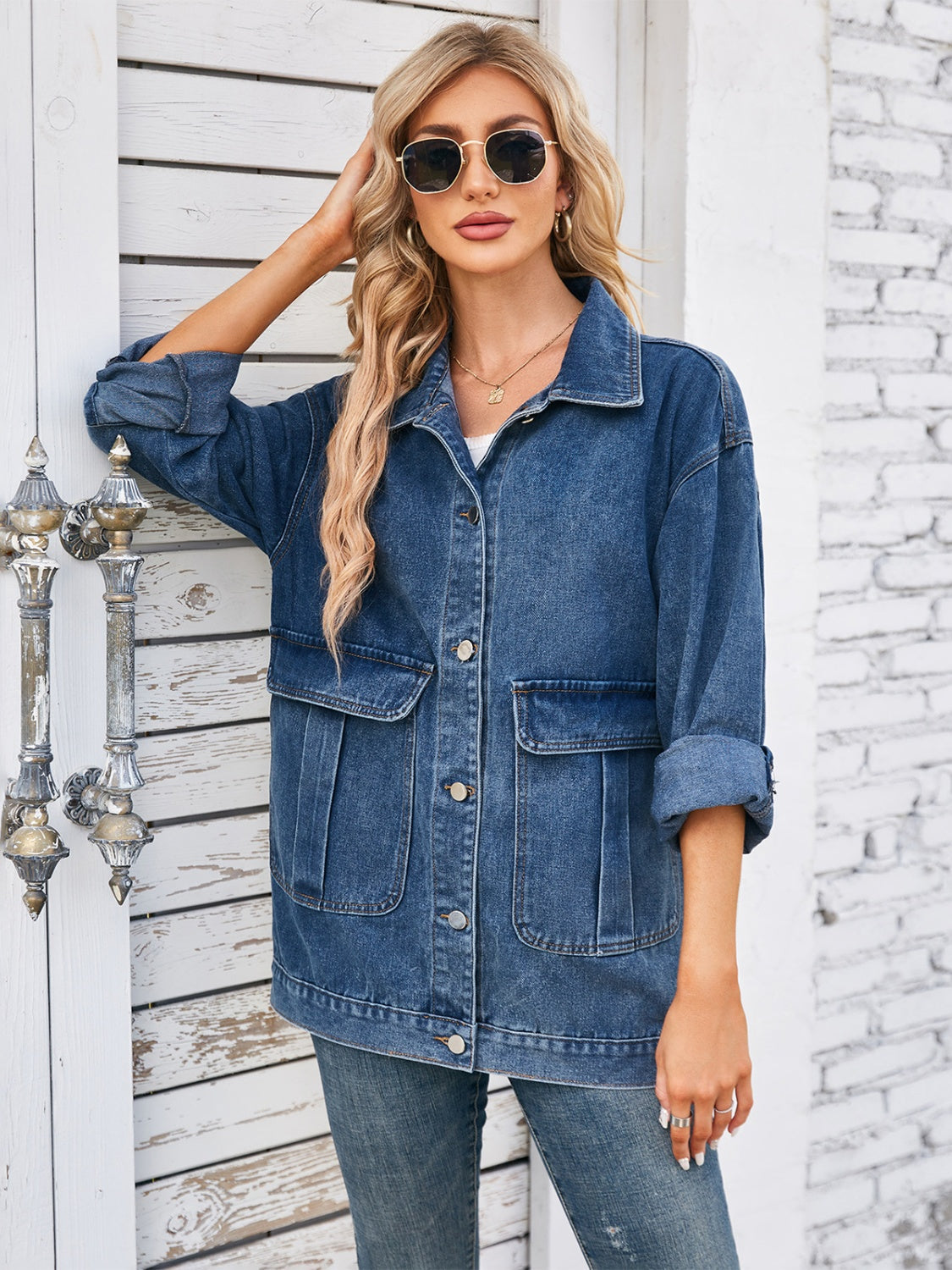 Button Up Long Sleeve Denim Jacket Dusty Blue