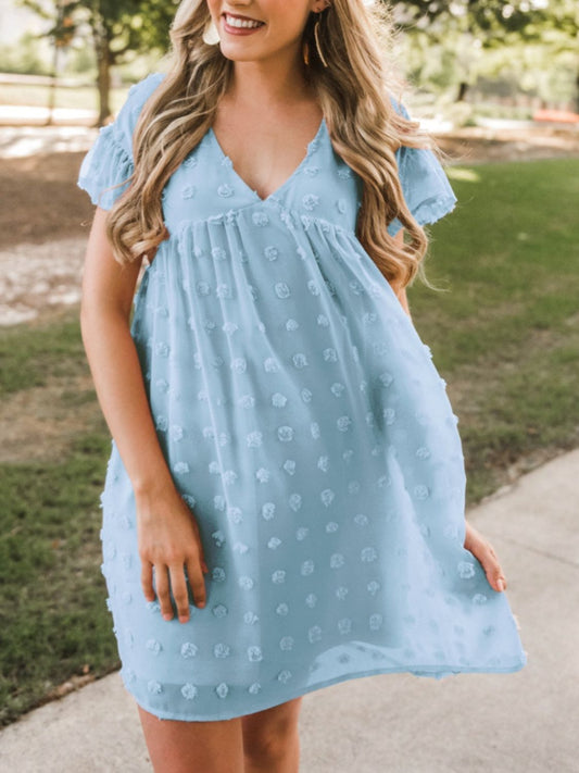 Swiss Dot V-Neck Short Sleeve Mini Dress Light Blue