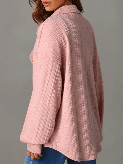 Textured Button Up Long Sleeve Shacket Blush Pink