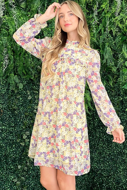 And The Why Floral Mock Neck Flounce Sleeve Dress Lemon