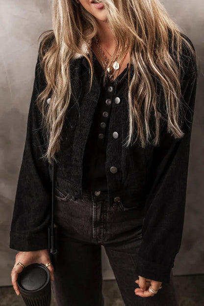 Fuzzy Collared Neck Button Down Jacket Black