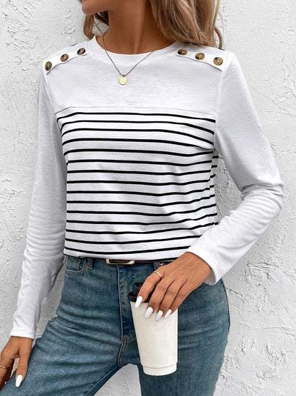 Decorative Button Striped Round Neck Long Sleeve T-Shirt Stripe