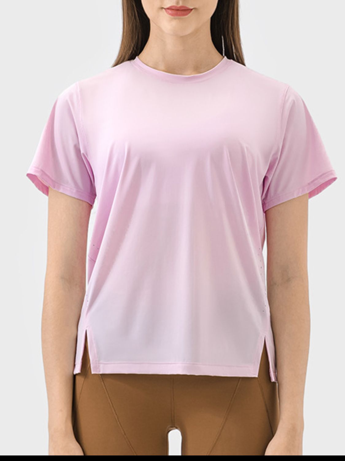 Millennia Slit Round Neck Short Sleeve Active T-Shirt Blush Pink