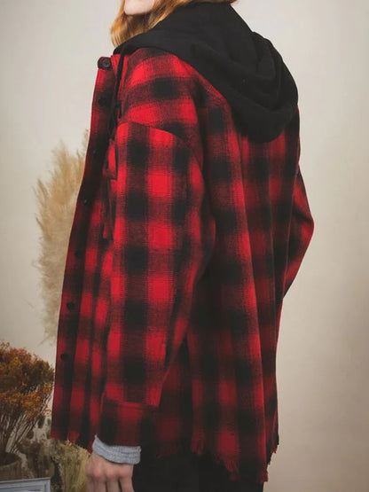 Raw Hem Plaid Long Sleeve Hooded Jacket Rust