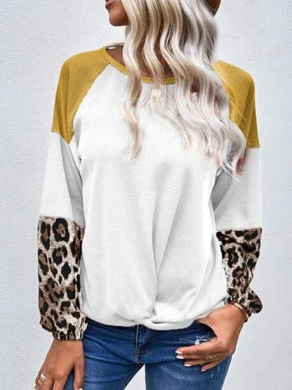 Twisted Color Block Round Neck Long Sleeve T-Shirt Mustard