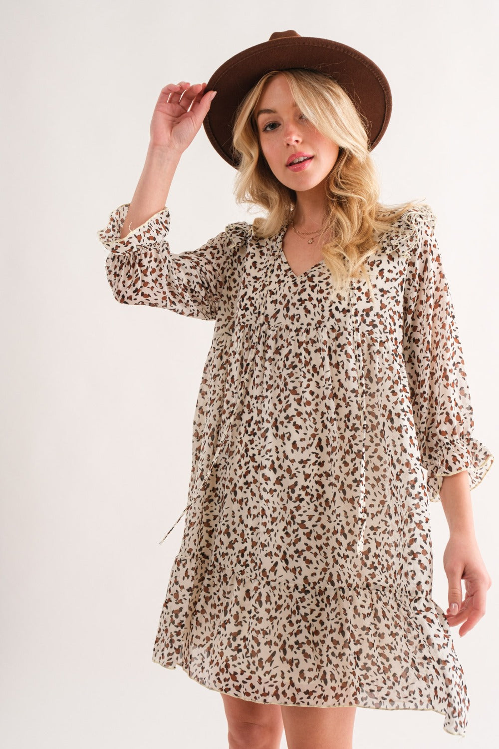 And The Why Leopard Ruffle Hem Woven Mini Dress Ivory