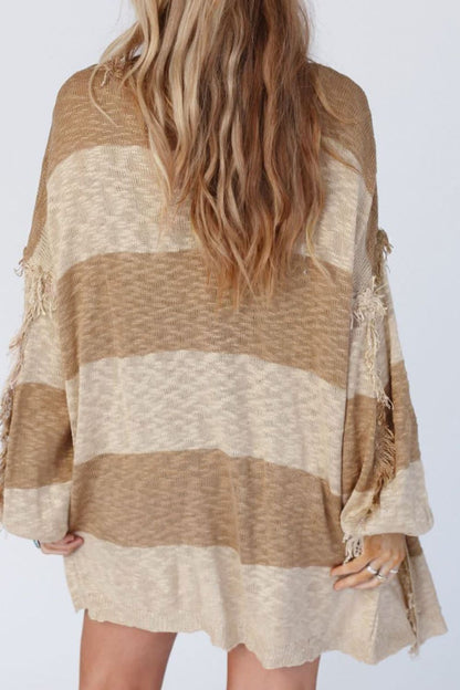 Color Block Open Front Long Sleeve Cardigan Camel