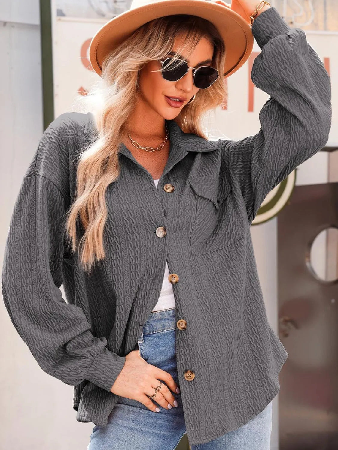 Textured Button Up Long Sleeve Shacket Dark Gray