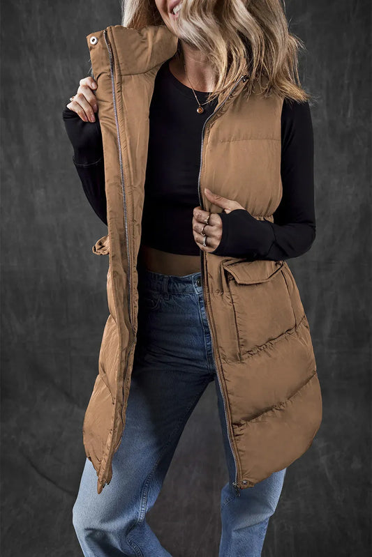 Pocketed Zip Up Vest Coat Caramel