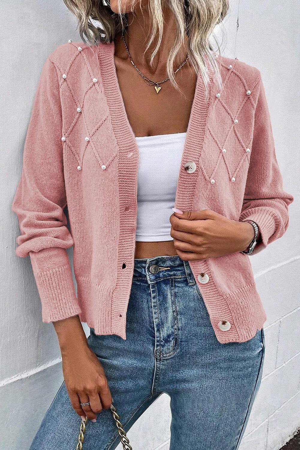 Pearl Trim Button Up Cardigan Blush Pink