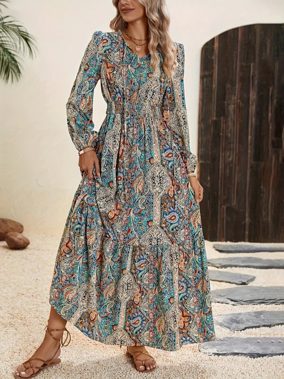 Printed Tie Neck Long Sleeve Maxi Dress Air Force Blue