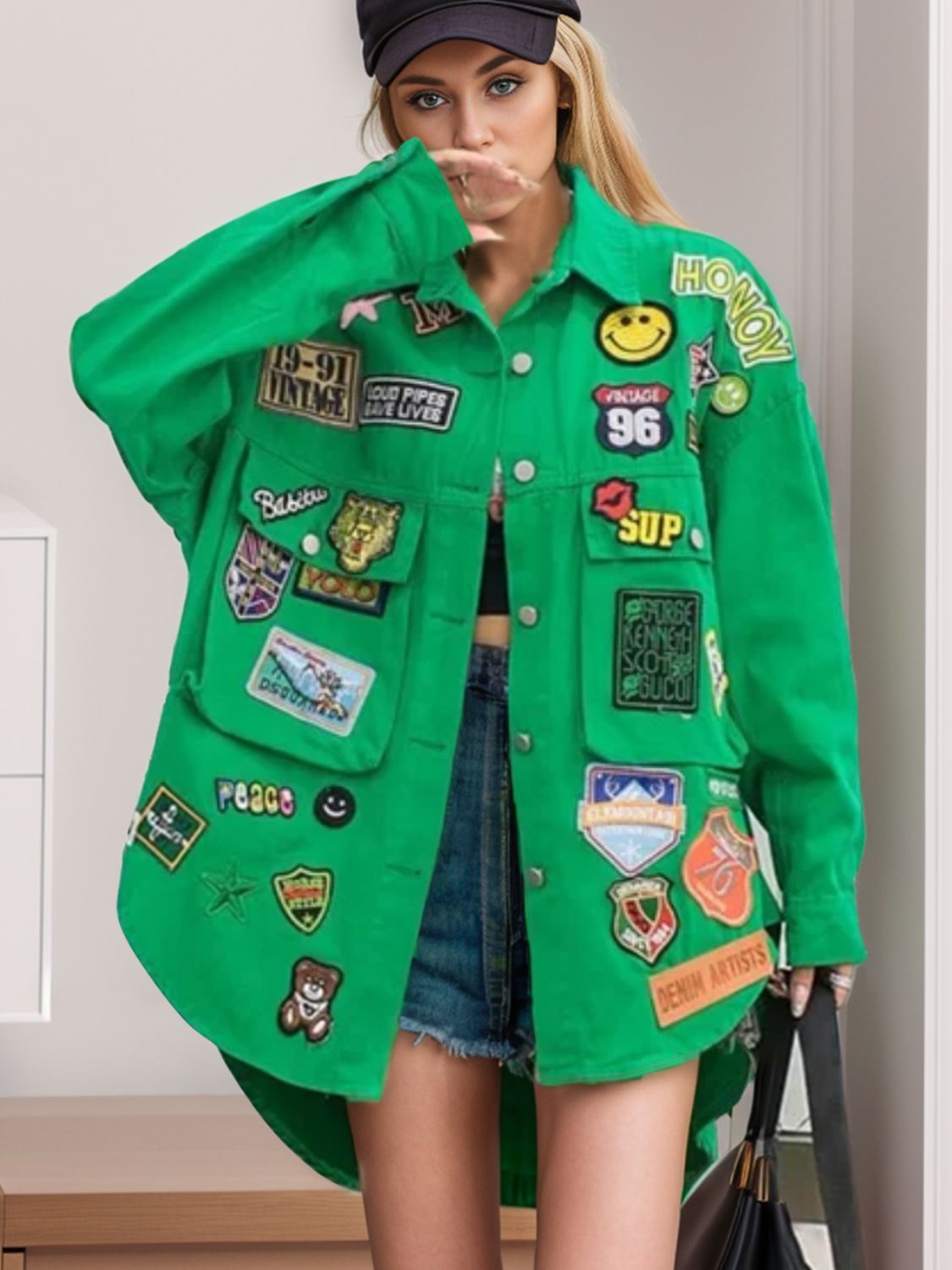 Embroidered Patch Button Up Long Sleeve Denim Jacket Green