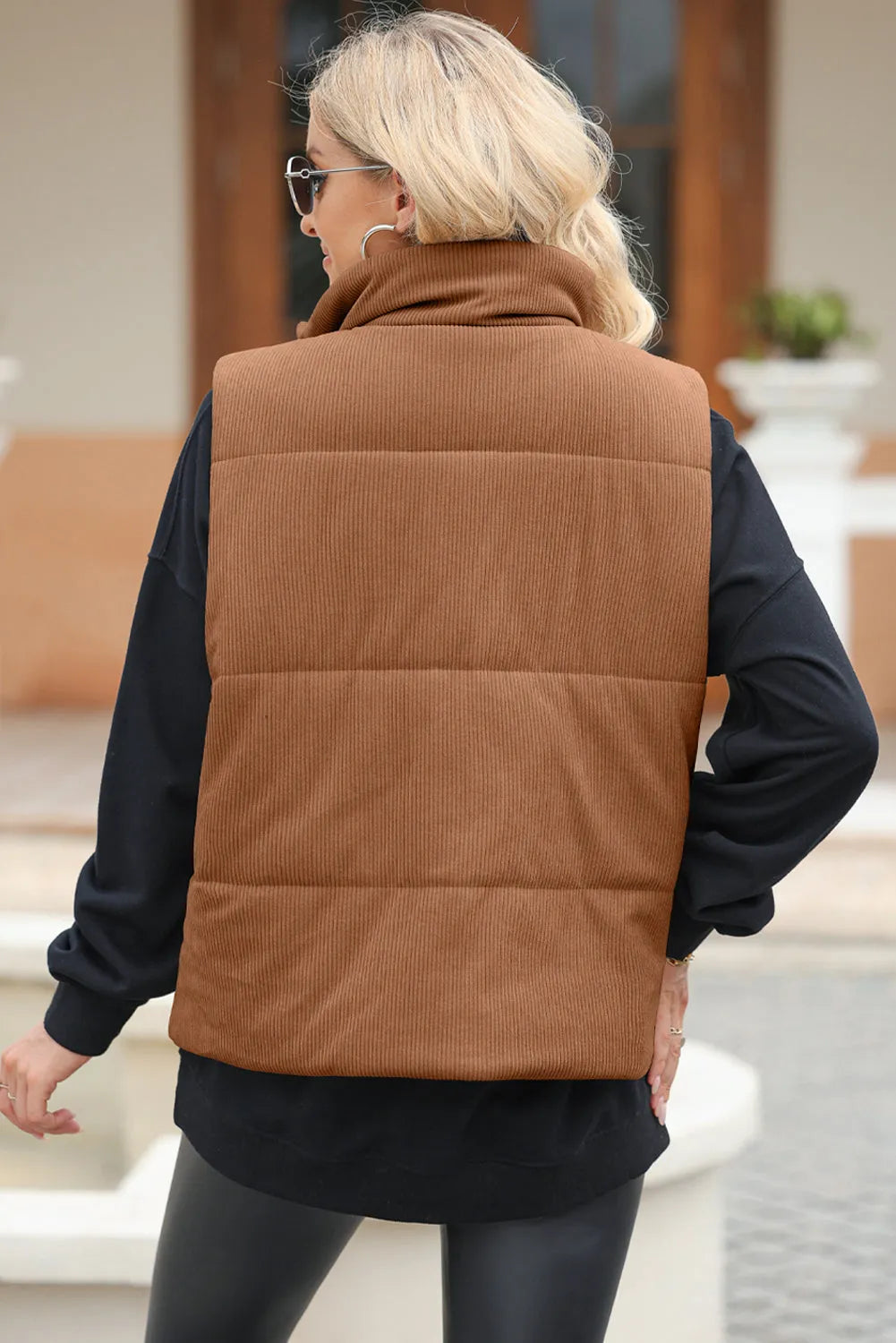 Pocketed Zip Up Turtleneck Vest Coat Brown