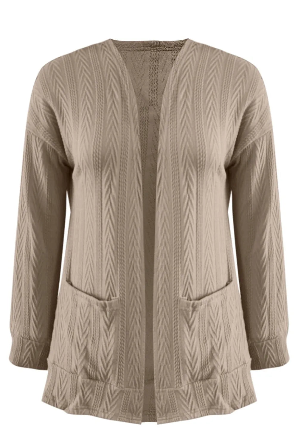 Full Size Textured Open Front Long Sleeve Cardigan Khaki