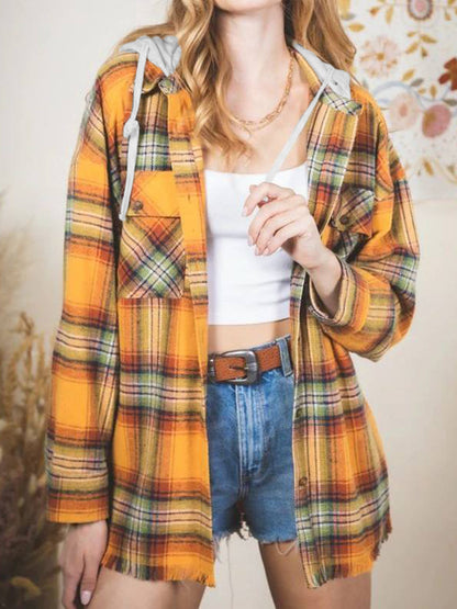 Raw Hem Plaid Long Sleeve Hooded Jacket Gold