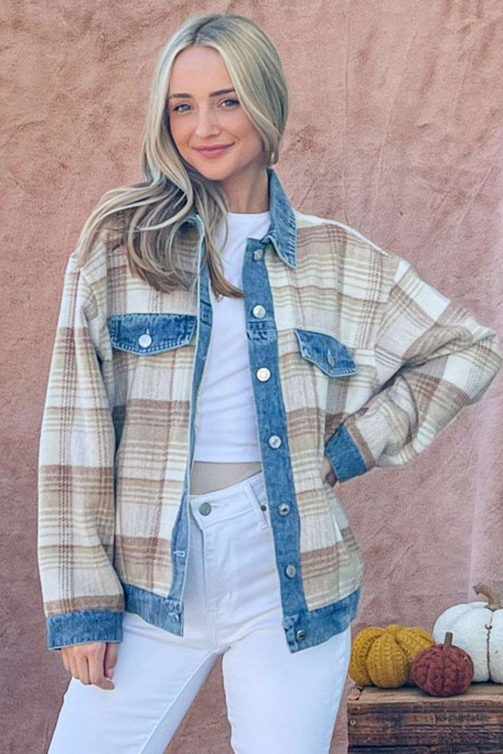 And The Why Full Size Washed Denim Detail Brushed Plaid Jacket Multi