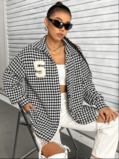 Houndstooth Button Down Long Sleeve Shacket Black