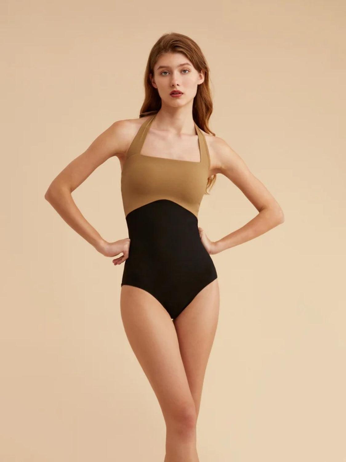 Contrast Halter Neck One-Piece Swimwear Black