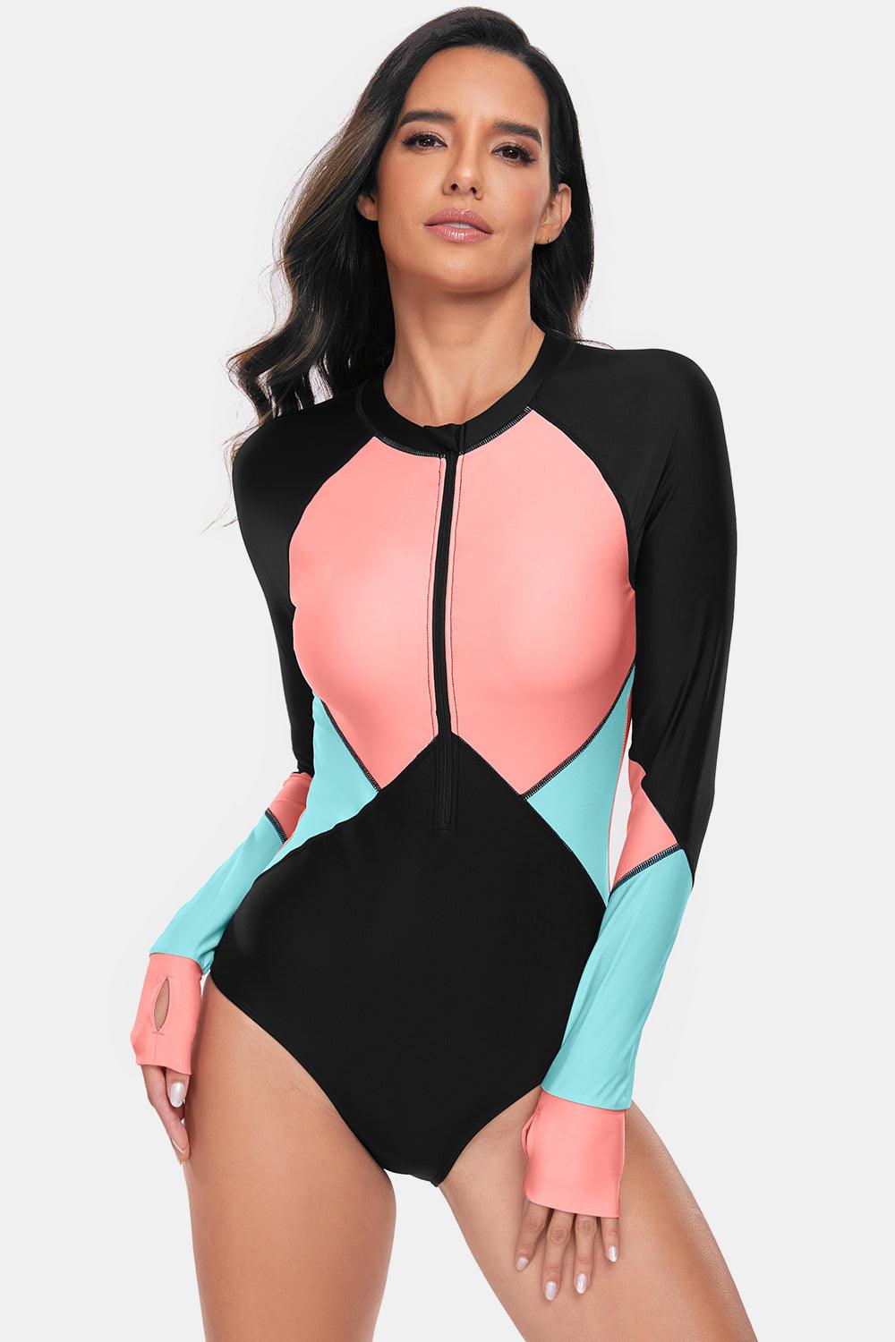 Color Block Half Zip Long Sleeve One-Piece Swimwear Burnt Coral