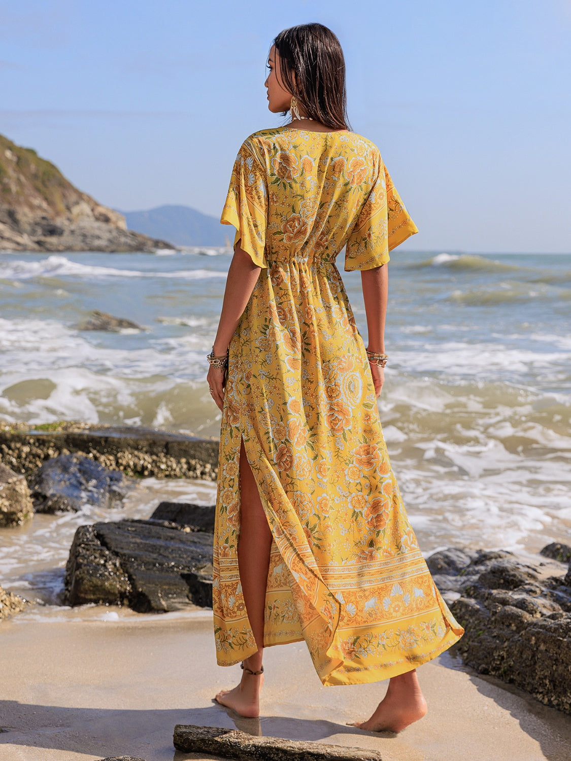 Drawstring Printed Plunge Half Sleeve Dress Gold