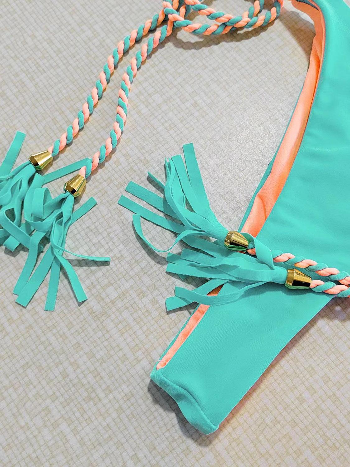 Contrast Halter Neck Two-Piece Bikini Set Aqua