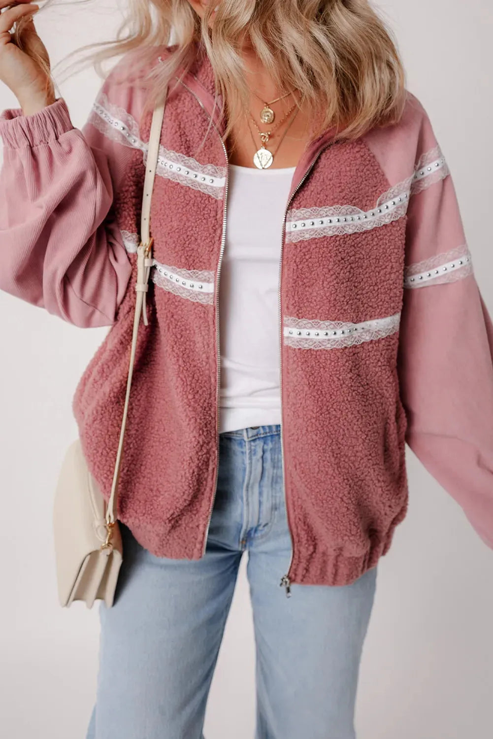 Fuzzy Lace Detail Zip Up Long Sleeve Jacket Dusty Pink