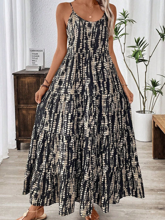 Printed Scoop Neck Maxi Cami Dress Black