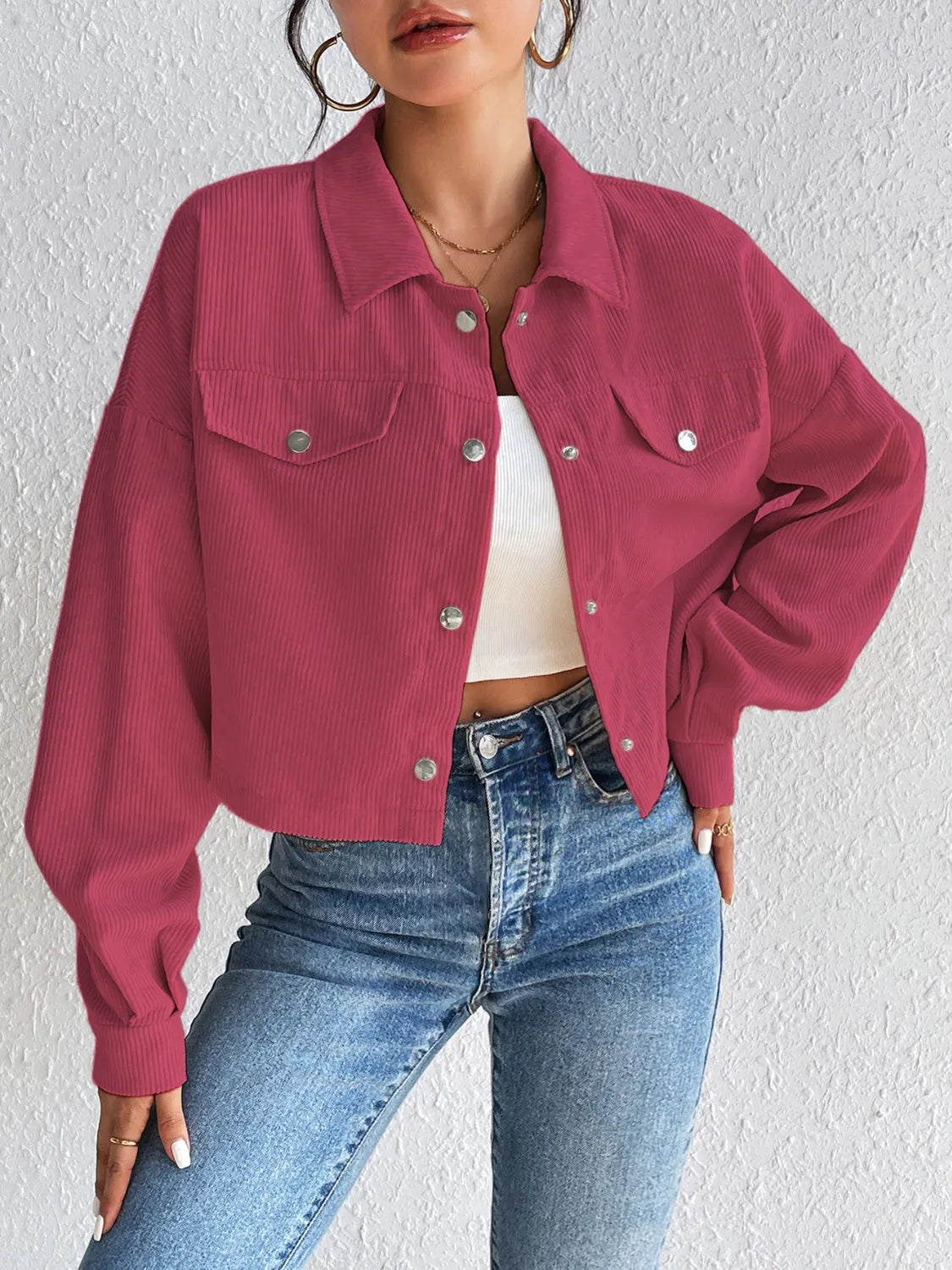 Snap Down Long Sleeve Jacket Cerise