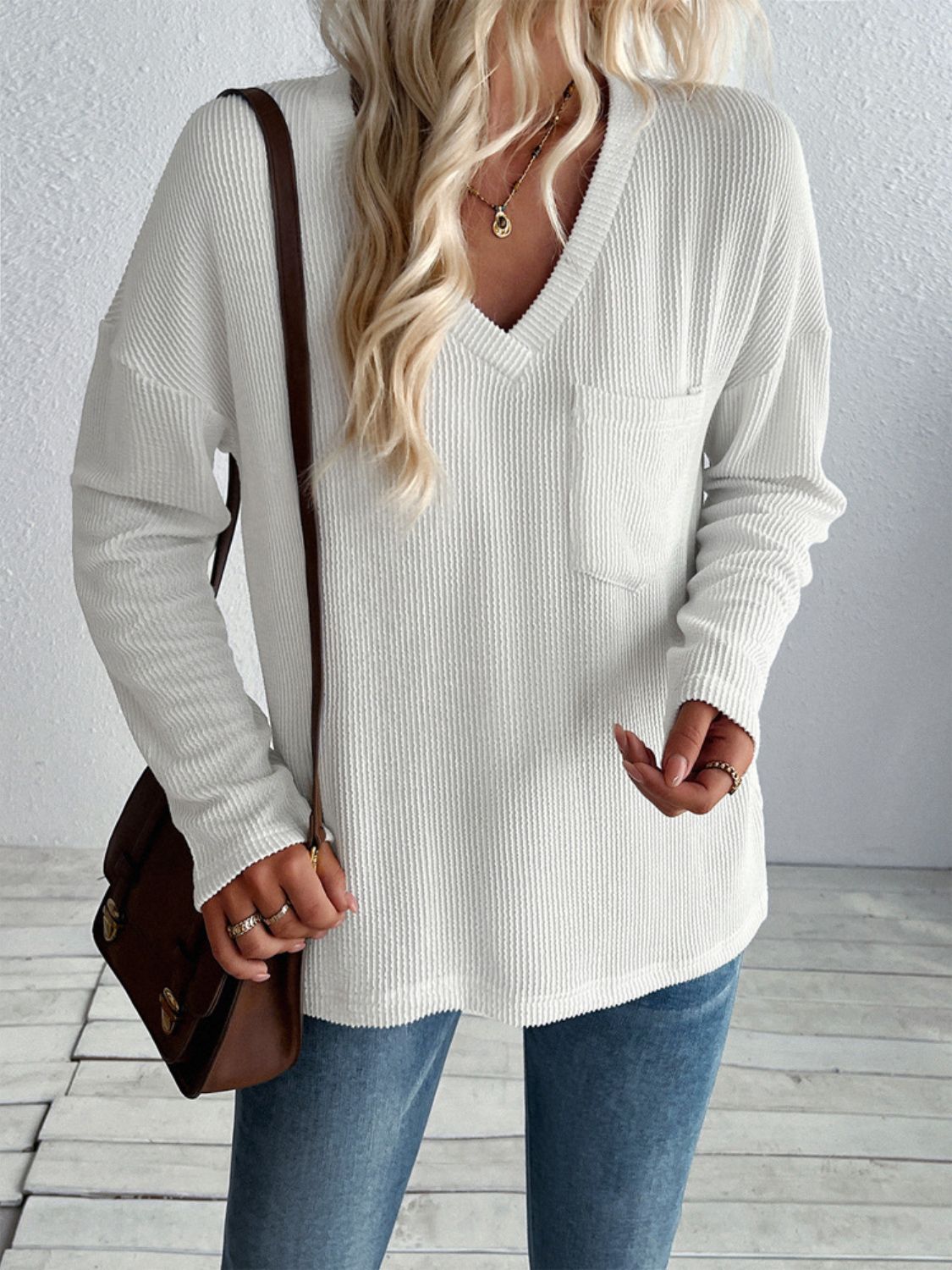 Double Take Pocketed Textured V-Neck Long Sleeve T-Shirt White