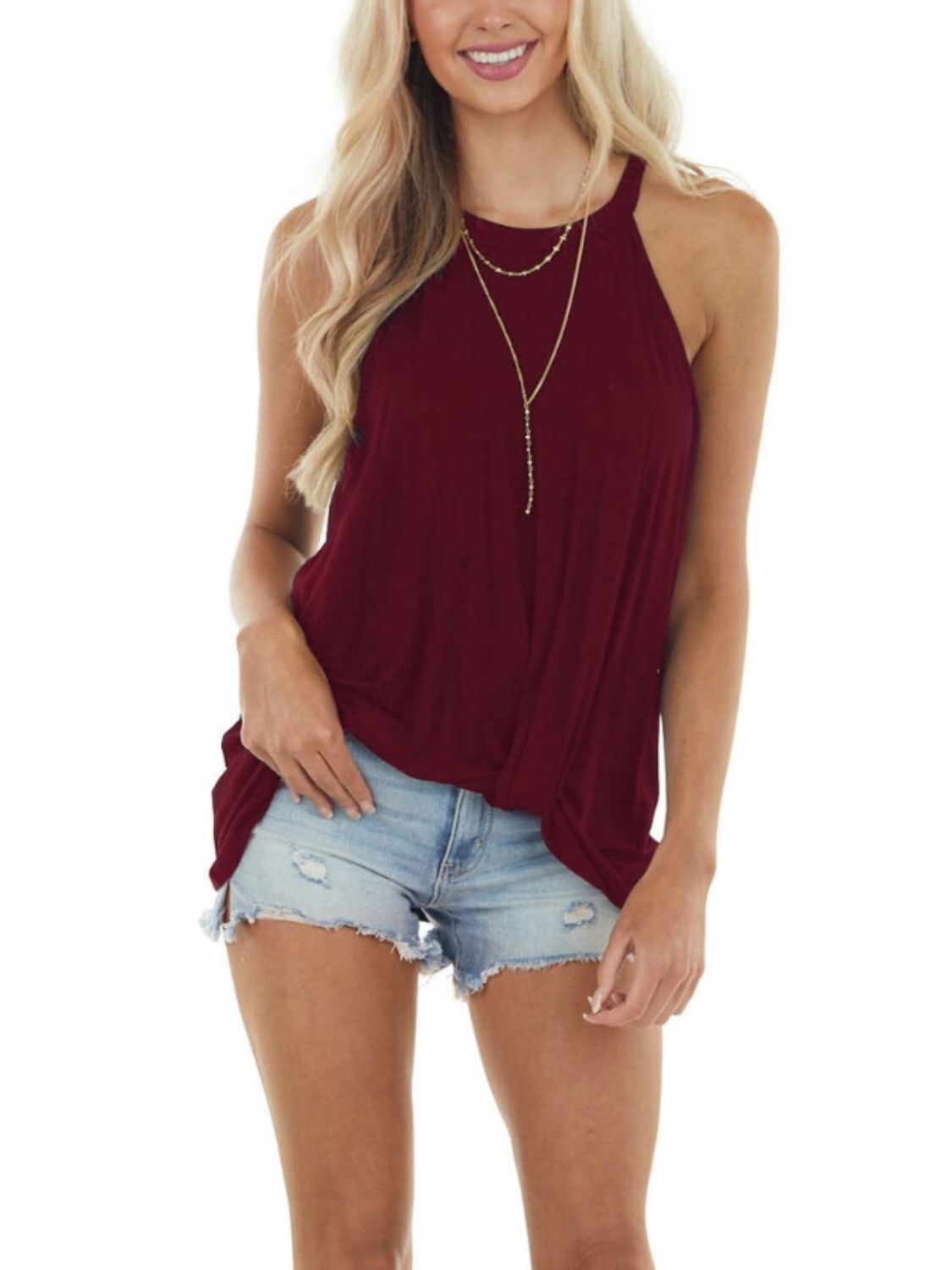 Ruched Round Neck Top Burgundy