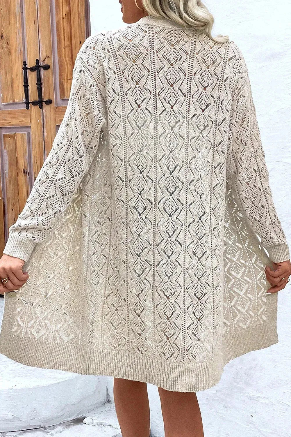 Openwork Button Down Long Sleeve Cardigan Dust Storm