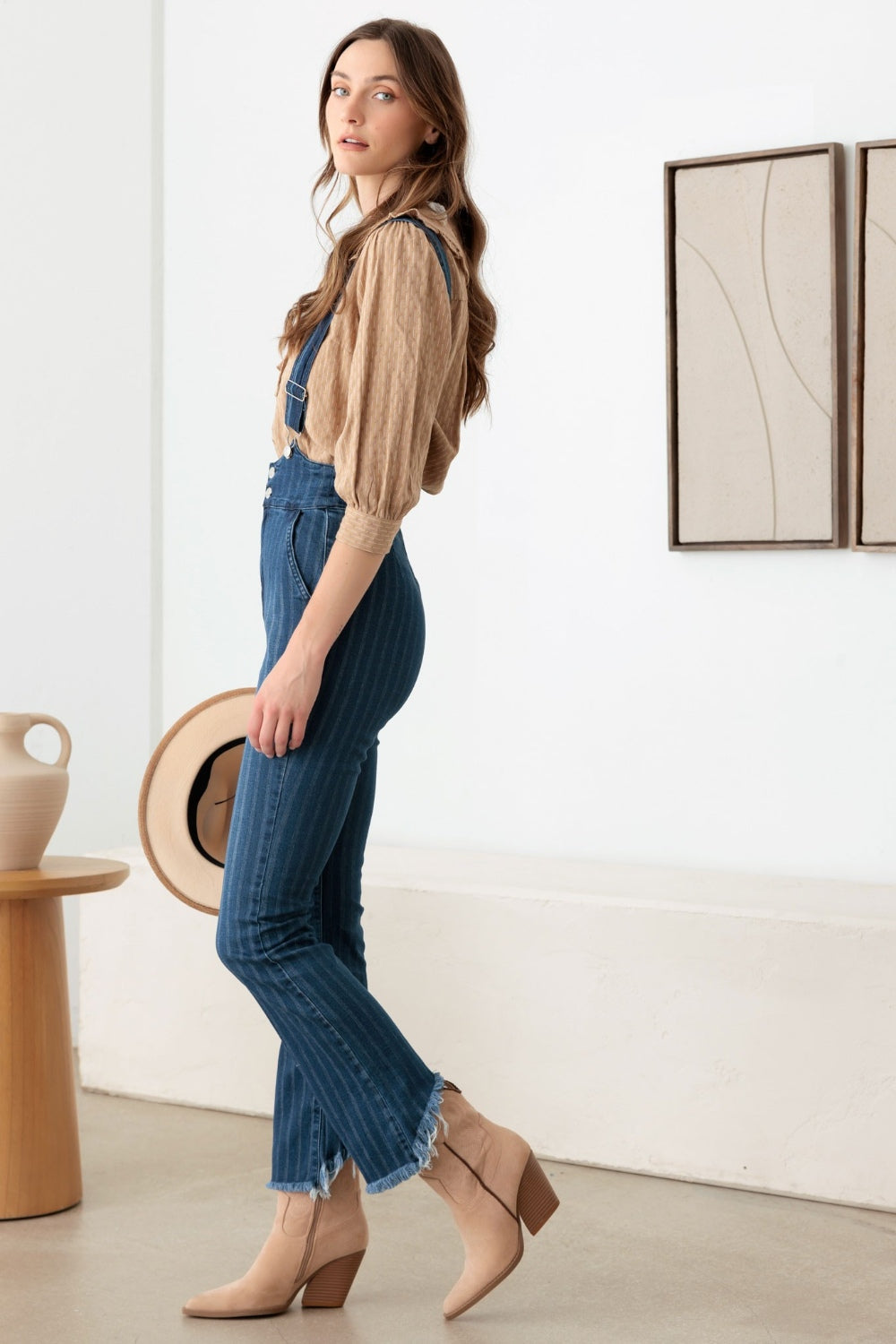 Litz La Striped Stretched Suspender Denim Overalls Dark Denim