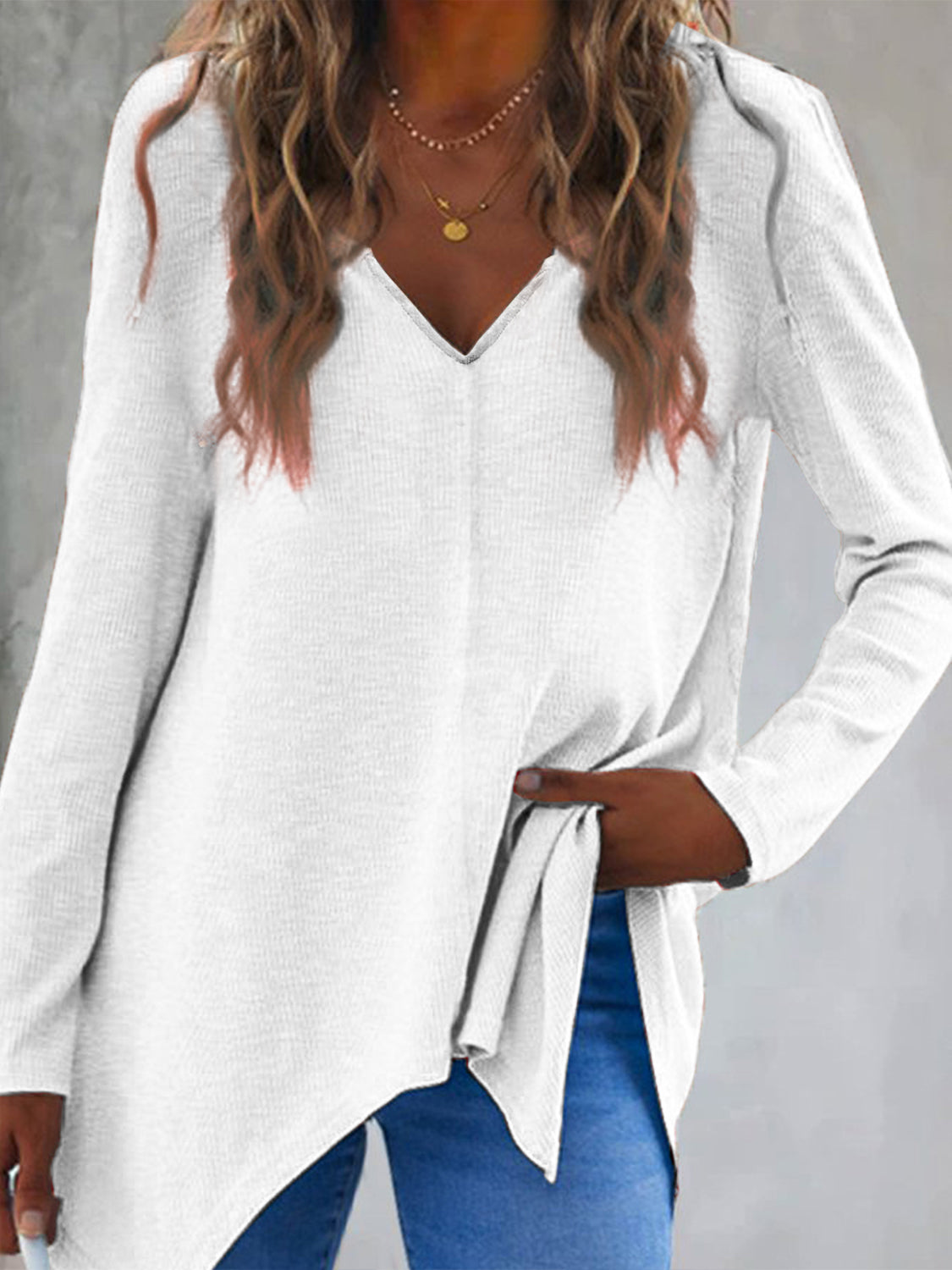 Full Size V-Neck Long Sleeve T-Shirt White