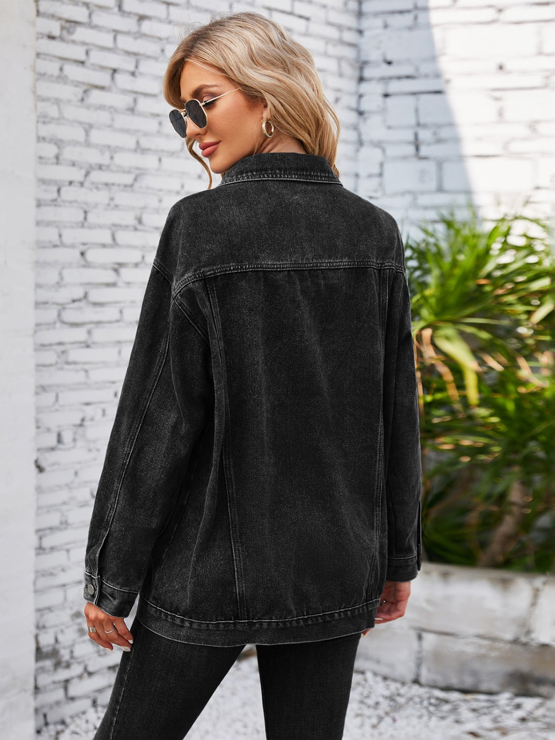 Button Up Long Sleeve Denim Jacket Black