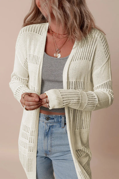 Openwork Open Front Long Sleeve Cardigan Ivory