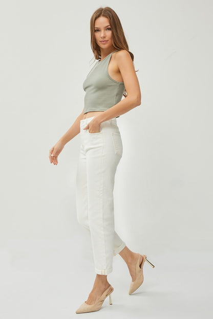 RISEN Full Size High Waist Rolled Hem Straight Jeans Cream