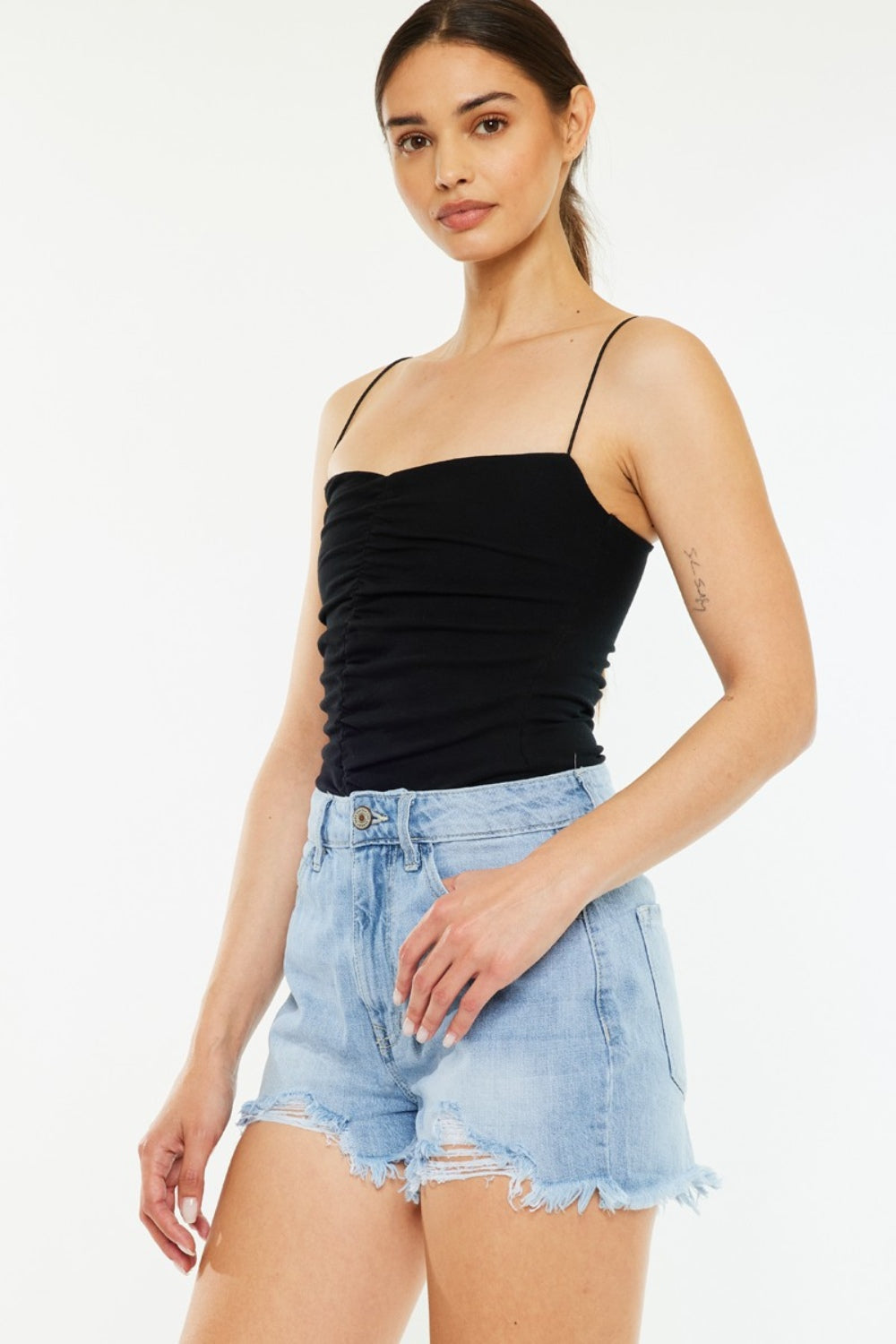 Kancan Raw Hem Distressed High Waist Denim Shorts Light