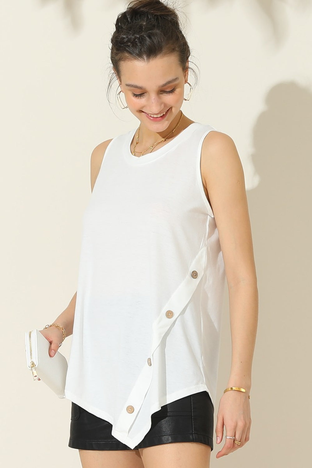 Ninexis Round Neck Button Side Tank White