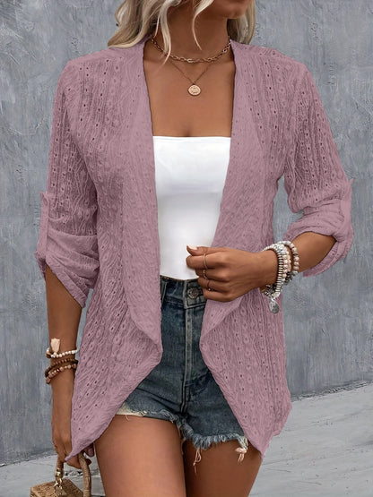 Eyelet Roll-Tab Sleeve Cardigan Lilac