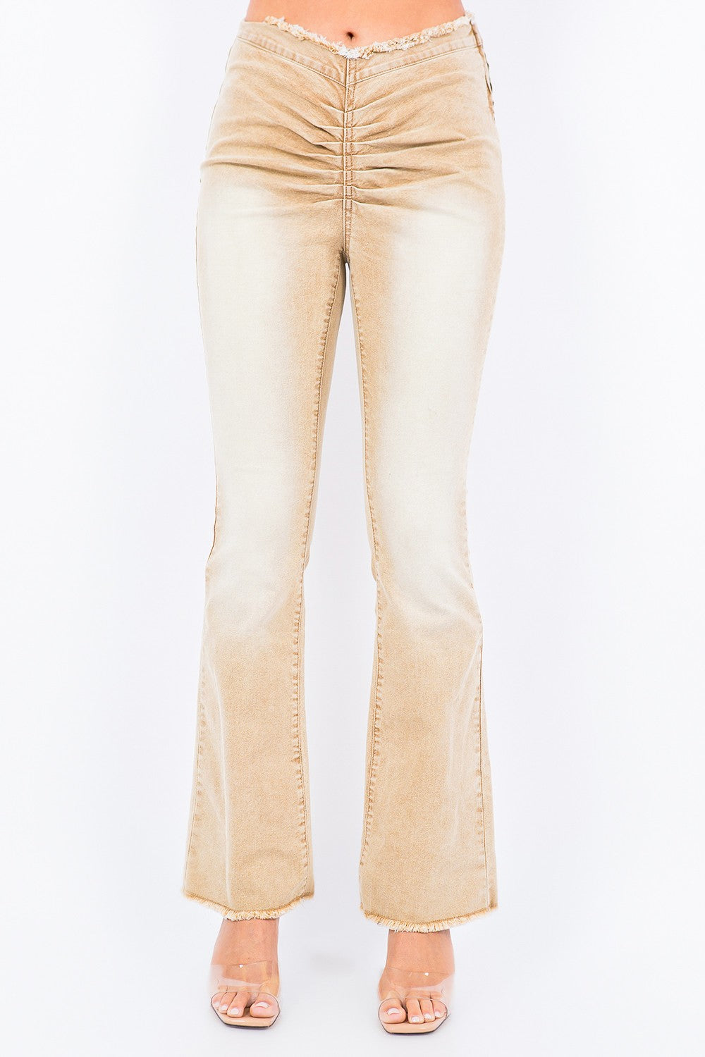 American Bazi V-Cut Ruched Flare Pants Tan