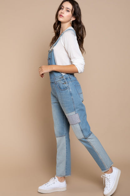 POL Front Chest Zipper Slim Leg Denim Overalls Denim