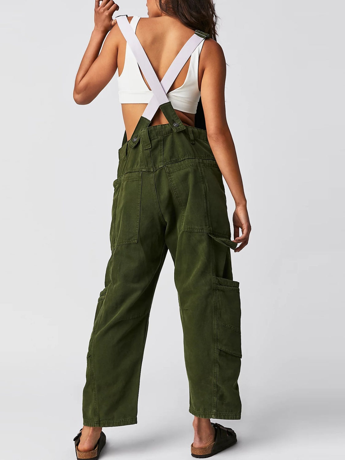 Pocketed Wide Strap Denim Overalls Army Green