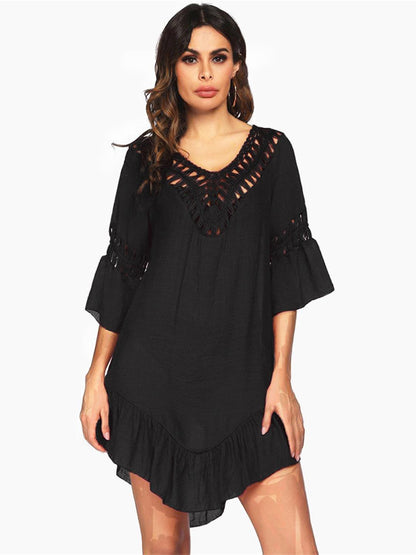 Backless Cutout Three-Quarter Sleeve Cover Up Black One Size