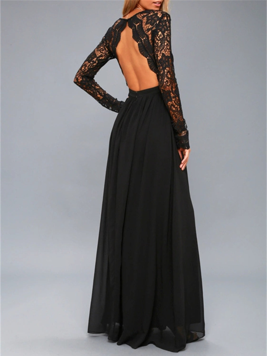 Lace Detail Backless Long Sleeve Maxi Dress Black